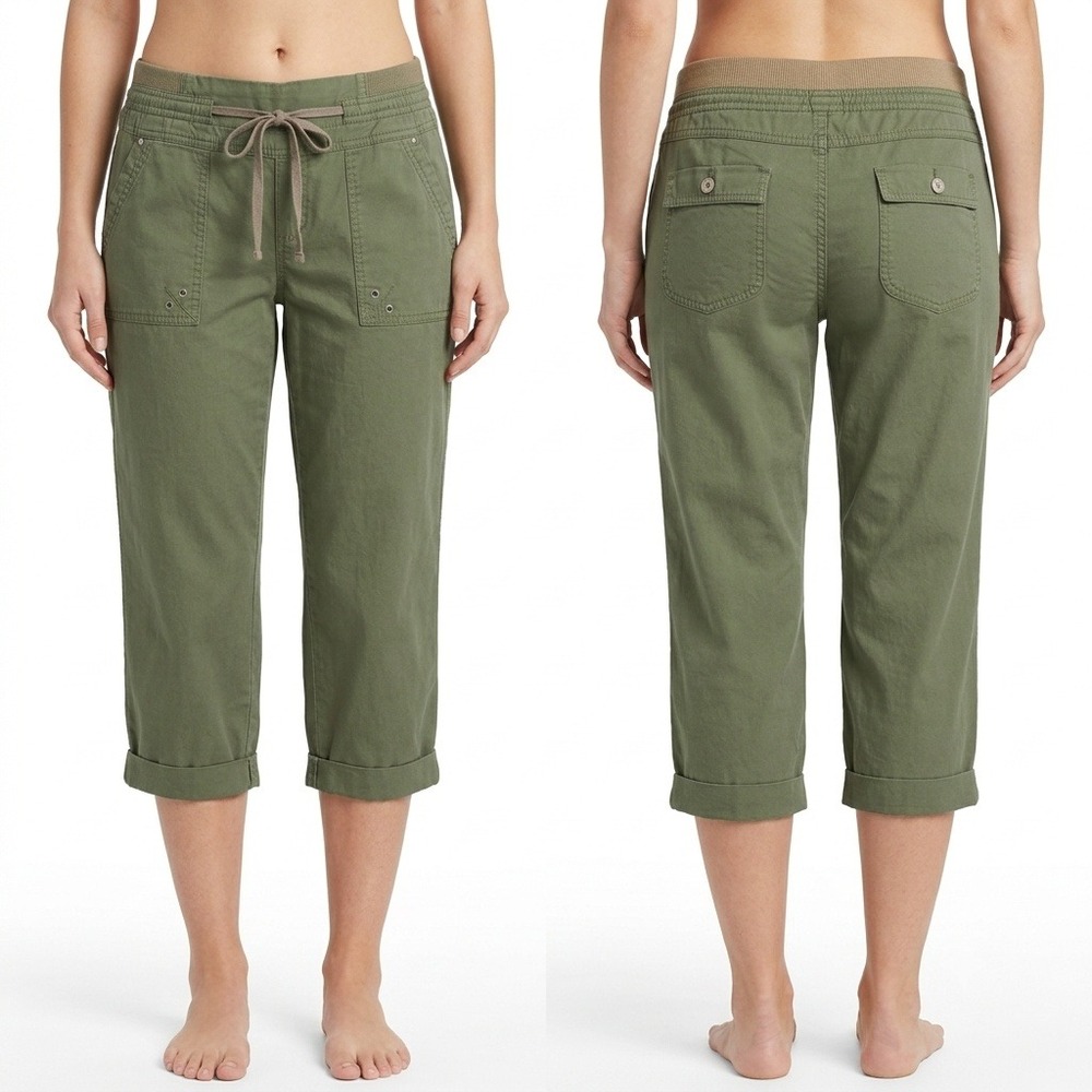 White Stag Pants Womens Capri 16 Olive Green Cotton Cargo Drawstring Waist‎